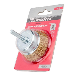Щетка для дрели, 50 мм, "чашка" со шпилькой, латунированная витая проволока// Matrix  74475